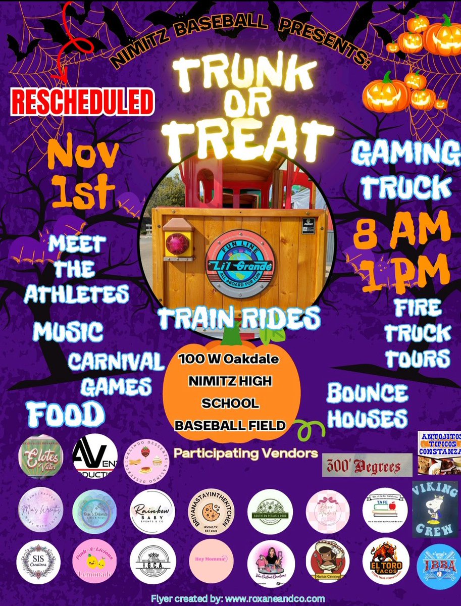 Join us tomorrow morning 11/1 for our annual Trunk Or Treat in the West Parking Lot! 

We will have games, food trucks, plenty of candy and more! Share with your family and friends!