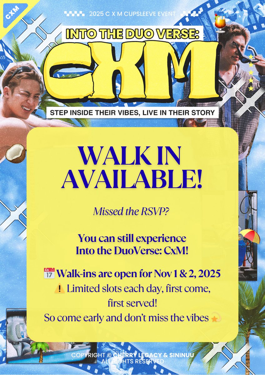 Missed the RSVP? You can still walk in! 💛
Limited slots available for both days — first come, first served 💫
Please note: walk-in guests won’t receive the lucky draw entry,
but will still get the full inclusions &amp; menu experience 🍰☕️

#CxM #IntoTheDuoVerse #SCOUPS #Mingyu