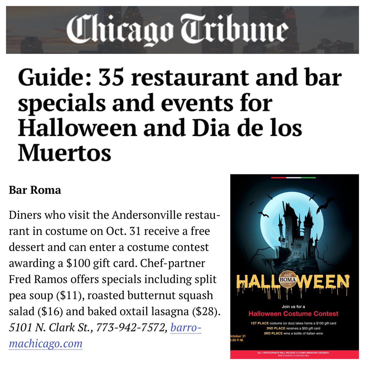 🎃 Happy Halloween! Join us tonight for Bar Roma’s annual #HalloweenParty &amp; #CostumeContest! Reserve your table at BarRomaChicago.com 👻

<a href="/ChiTribFood/">Chicago Tribune Food & Dining</a> <a href="/chicagotribune/">Chicago Tribune</a> #barromachicago #happyhalloween #boo