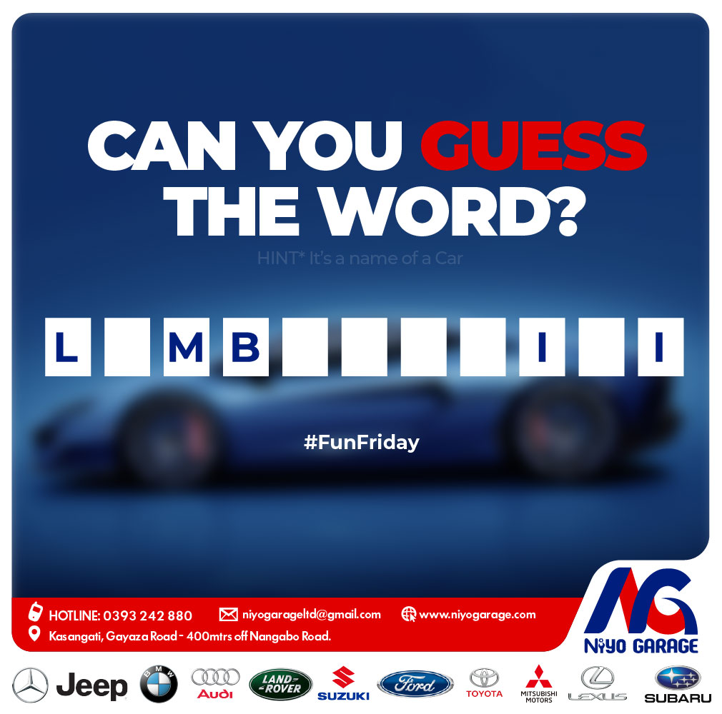 NiyoGarage's tweet image. #FunFridayChallenge!🥳
Can you guess the missing letter and complete the word? Drop your answers in the comments below and tag a friend who loves cars as much as we do! Let’s see who gets it right first! #niyogarage #funfriday #GuessTheWord #DiamondPlatnumz #IdiAminMama