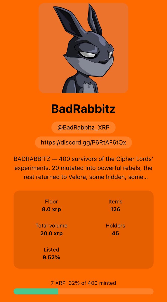 BadRabbitz_XRP's tweet image. 32% MINTED 🔥
No one has discovered Pumpkin 🎃 or the other 1/1s yet 👀

Rarity reveal at 50% minted, followed by bounty announcement 🏆

BADRABBITZ has officially applied for verification ✅
It’ll be verified soon… let’s keep the momentum going.

Let’s get minting and send it…