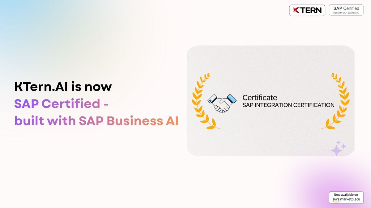 KTern.AI Agents are now SAP Certified.

Explore KTern.AI Certified Solution on SAP’s Official Directory: sap.com/dmc/exp/sap-ce……

#SAP #KTernAI #SAPCertified #SAPBTP #GenerativeAI #AWSBedrock #CleanCore #ResponsibleAI #DXaaS