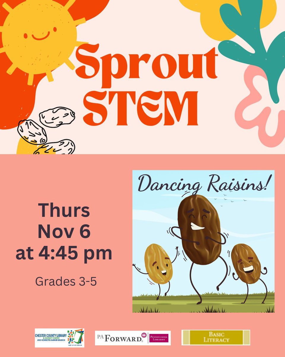 HankinLibrary's tweet image. Register now for sproutSTEM on THURSDAY, NOVEMBER 6 at 4:45 pm. Students will create and test “Dancing Raisins” while learning about living things and gas bubbles! For grades 3-5.

Register here: buff.ly/PdVYGko 

#HankinLibrary #PAForward #BasicLiteracy