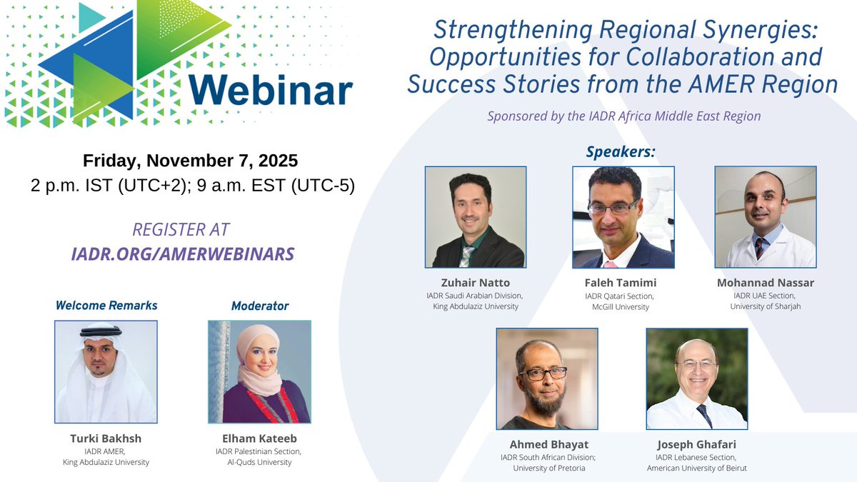 Join <a href="/IadrAmer/">IADR AMER (Africa and Middle East Region)</a> on Friday, November 7 at 2 p.m. IST (UTC+2); 9 a.m. EST (UTC-5) for a webinar titled "Strengthening Regional Synergies: Opportunities for Collaboration and Success Stories from the AMER Region". Confirm your spot and register at iadr.org/amerwebinars.