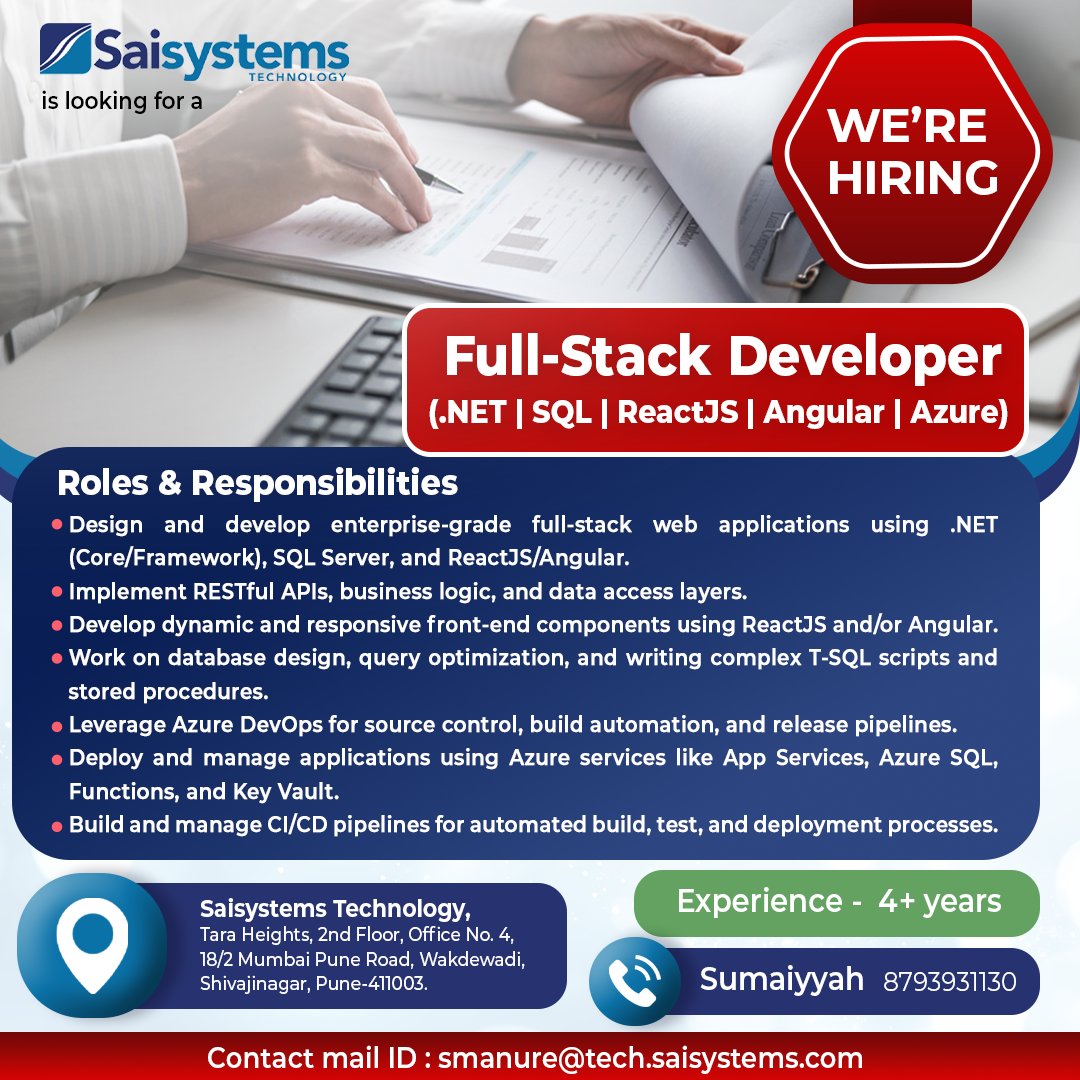 SaisystemsTech's tweet image. 🚨 We&apos;re #Hiring in Pune! 🚨
Passionate, driven, and ready for your next career move? 
 To apply, send your resume to: smanure@tech.saisystems.com
#JobAlert #PuneJobs