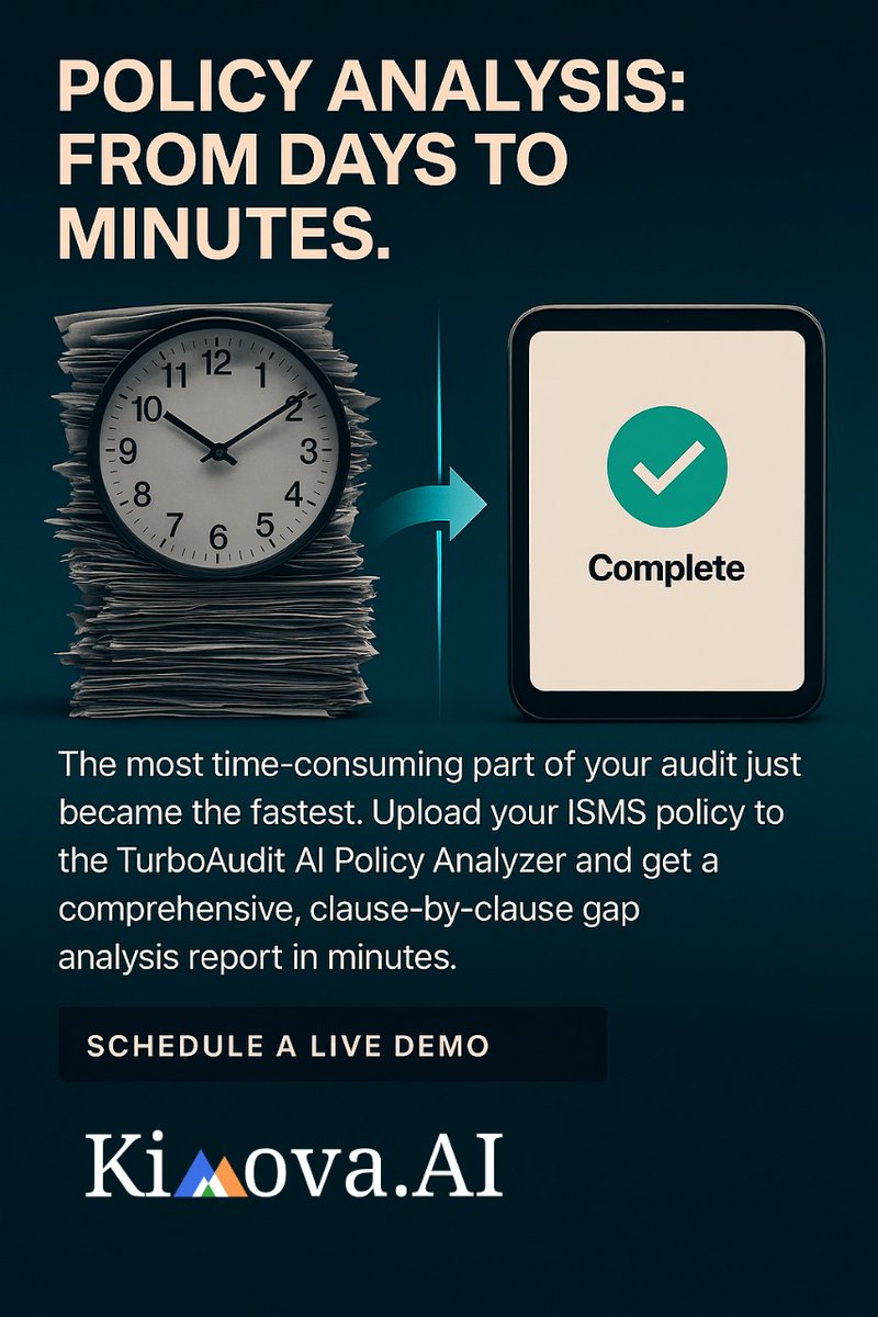 KimovaAI's tweet image. Tired of long, tedious #ISMS policy audits? #kimovaAI’s #TurboAudit #AIPolicyAnalyzer brings you instant, automated gap analysis so you can focus on what truly matters.

Website- kimova.ai
Contact us at info@kimova.ai

#AuditLifecycle #AuditAutomation #ISO27001 #AI