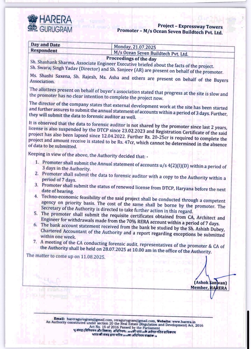 BuyersOsb's tweet photo. @SVBHaryana @mlkhattar #HARERA gurugram Chairman and his staff issued one sided order without a single penalty and single penal action like FIR against #Ocean_Seven_Buildtech pvt ltd and wasted 33 Suomotto hearings and 3 years of buyers in a @PMOIndia scheme @PMAYUrban affordable housing scheme. More than 3000 allottees affected and Builder has managed #RERA & its employees for getting this one sided order in favour of builder who is cheating buyers all across India in #kotputli, #Jaipur, #Raigad Maharashtra and Now #Gurugram. Strict action must be initiated against #RERA Chairman #Arun_Kumar_Jha for such order. Same Chairman had filed FIR against such defaulter earlier in case of @Mahira68Buyers. The state of Corruption is very high in RERA. #Shashank_Sharma Engineer associate is the dealing hand in this project along with the Chairman who has been guiding chairman & Favouring bldr. RERA members are voluntarily retiring seeing the sad state of affairs of RERA Chairman. 21 July recommendation of RERA members has been disregarded by Chairman and bldr left scotfree and case disposed off. @cmohry @NayabSainiBJP @dir_ed @EOWDelhi