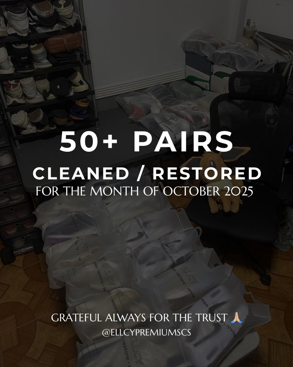 ellcypremiumscs's tweet image. Thank you to everyone who continues to support ELLCY — every pair, every clean, every restoration counts.

#EllcyPremiumSCS #SneakerCare #ShoeRestoration #SneakerCleaningPH #OctoberRecap #TrustedWithYourKicks