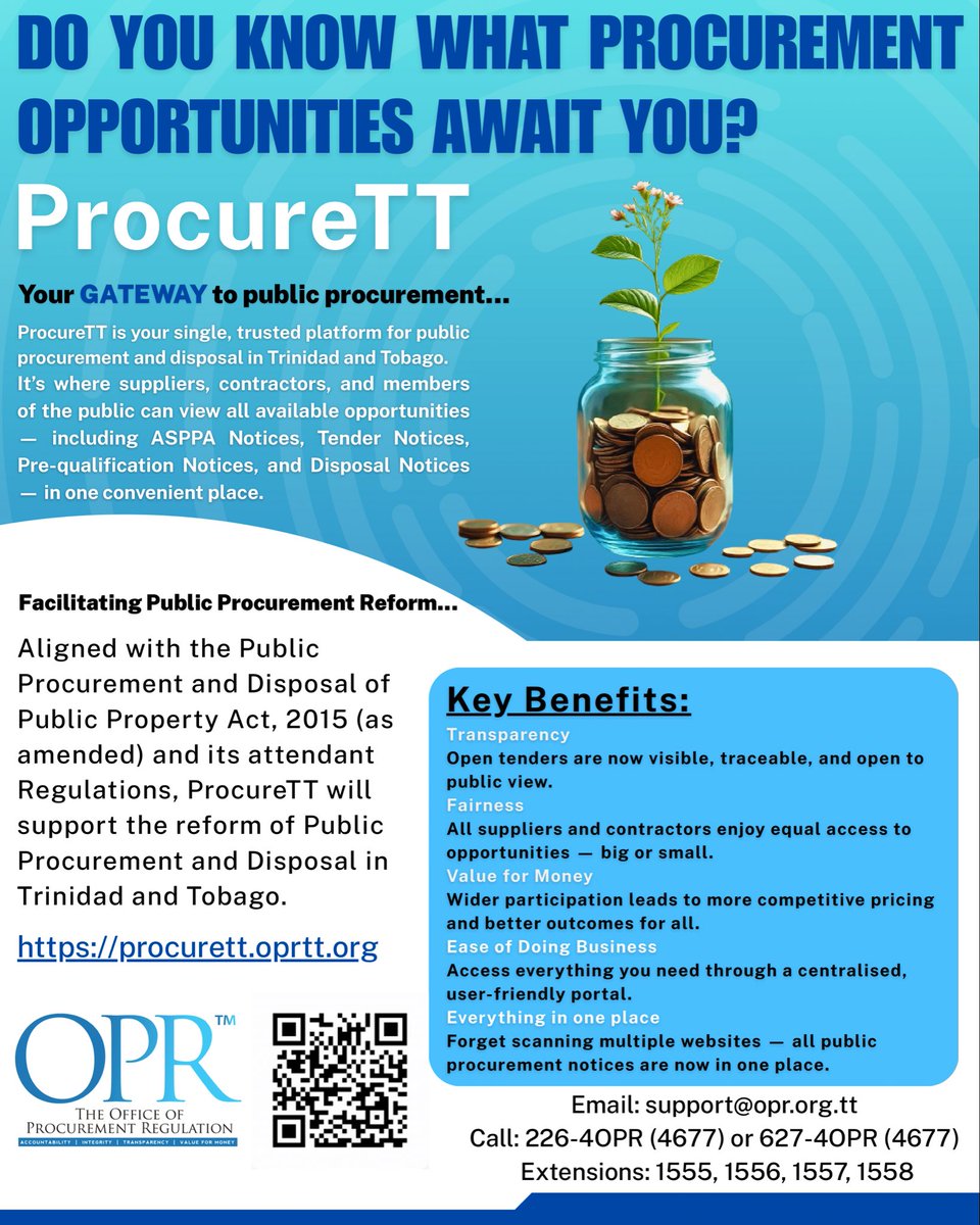 TheOPRTT's tweet photo. ProcureTT is your required gateway to public procurement! 💻

The OPR reminds all stakeholders that ProcureTT centralizes every opportunity: ASPPA Notices, Tenders, Pre-qualifications, &amp; Disposal Notices.

➡️ Find opportunities now: https://t.co/mcszw6Ymyh

#OPRTT #ProcureTT https://t.co/PtQEIF8fnr