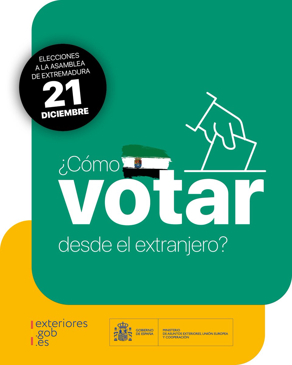 EmbajadaEspLPaz's tweet image. Información de interés 

🗳 El 21 de diciembre se celebrarán elecciones a la Asamblea de #Extremadura

🗓 Período de consulta del censo y reclamaciones del 3-10 de noviembre, ambos incluidos

Toda la información sobre el procedimiento de votación👇

exteriores.gob.es/Embajadas/lapa…