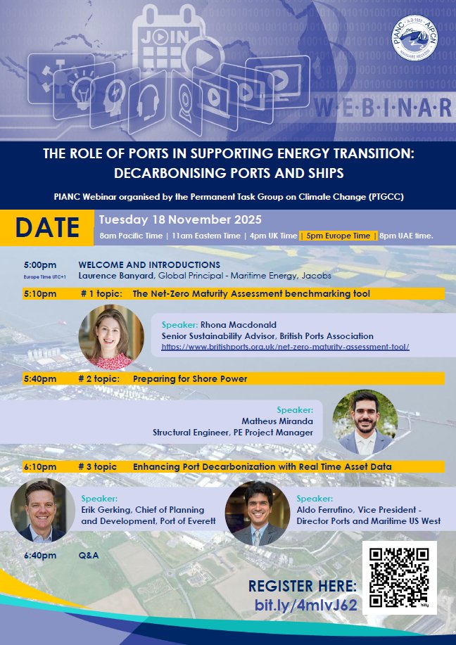 PIANC1's tweet image. Be sure to register for this upcoming webinar on &apos;The Role of Ports in Supporting Energy Transition: Decarbonising Ports and Ships&apos;: 

📆 18 November 2025
⏰ 17:00hrs-19:00hrs (CET)
🔗 loom.ly/tC9-nms

#pianc #ptgcc #webinar