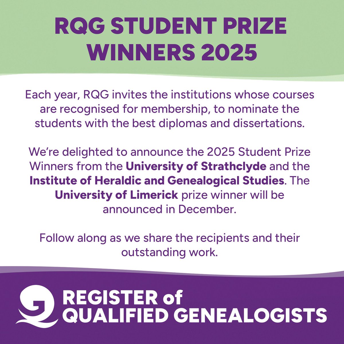 Each year, RQG awards prizes to students studying with our recognised institutions for the best diplomas and dissertations. We will announce the 2025 Student Prize Winners shortly. Stay tuned!
#genealogy #familyhistory