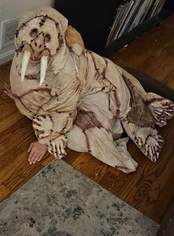 ktkutthroat's tweet image. @ThatKevinSmith My best friend’s kid wanted to be the flesh walrus from Tusk so..they made that happen. It’s awesome. I hate it. 
#Tusk #HalloweenCostumes #Halloween2025 

Her post showing some progression photos:
facebook.com/share/1BNEYuVh…