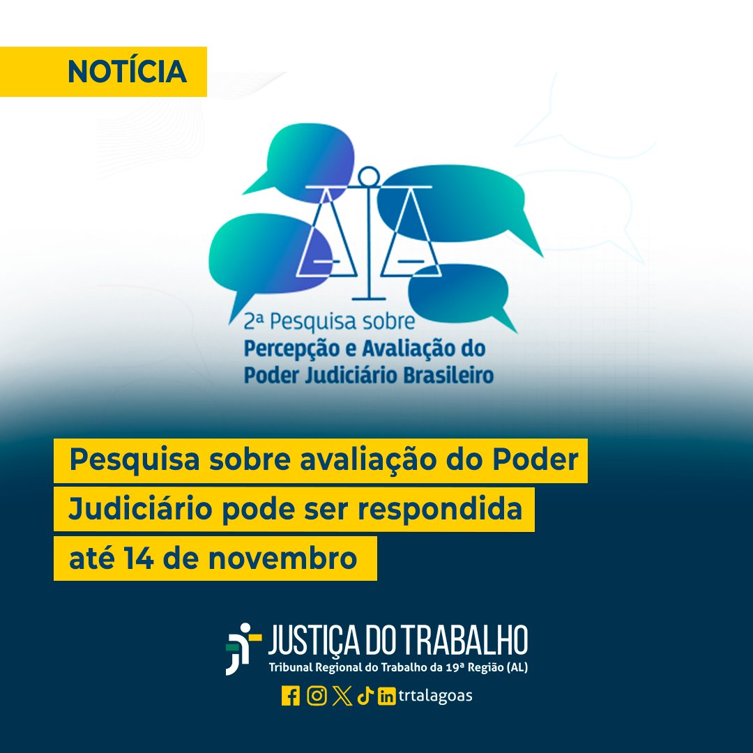 TRTAlagoas's tweet image. Levantamento do CNJ tem foco em quatro públicos: cidadãos (ãs) parte de alguma ação judicial, advocacia; Defensoria Pública e Ministério Público.

🖥️ LEIA A MATÉRIA: site.trt19.jus.br/noticia/pesqui…

#PesquisaCNJ #PoderJudiciário #Transparência #JT #TRTAL #TRT19 #TRTAcessível #PraCegoVer