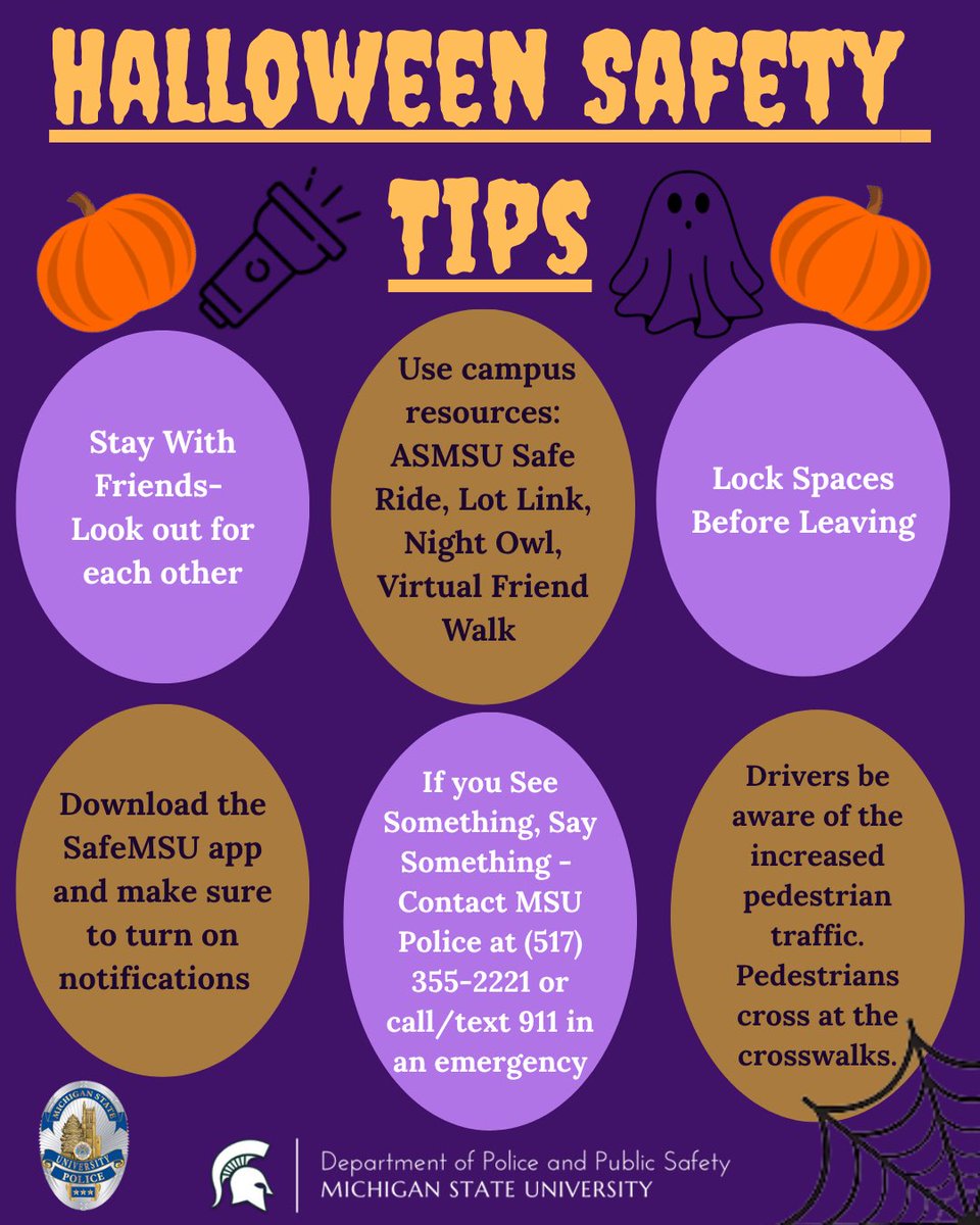 msupolice's tweet image. 🎃👻 Spartans, Happy Halloween! 
Whether you're haunting campus or heading out with your friends, here are a few tips:
🟠 Look out for one another 
🟣 Use Safe Ride, Lot Link, Night Owl &amp;amp; Virtual Friend Walk.  (You can find these links in the SafeMSU app).
🟢 Lock up before you…