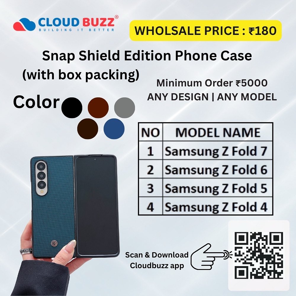cloudbuzz2222's tweet image. ✨ Elevate your Samsung Z Fold with the Snap Shield Edition!
Premium finish meets solid protection 💪
Available in 5 classy colors to match your vibe.
Strong grip, elegant look, and full coverage.
starting at just ₹5000 – shop now! 🛍️

#CloudBuzz #SnapShieldCase #SmartProtection