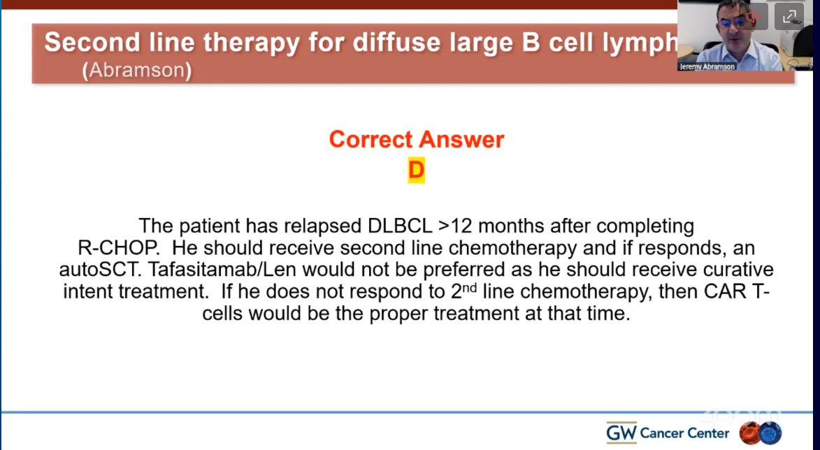 abouabdrahman0's tweet photo. 🧬 DLBCL Relapse >12 Months Post R-CHOP — Second-Line Therapy

💡 Correct Answer: D – R-ICE chemotherapy, if responds followed by auto-SCT

🔹 32-year-old male with non-GCB DLBCL relapsed 18 months post-RCHOP → late relapse.
🔹 For late relapses (>12 mo), standard approach = salvage chemo (R-ICE, R-DHAP, R-GDP) → if responsive → autologous SCT.
🔹 CAR-T (Axi-cel/Tisa-cel) reserved for primary refractory or early relapse (<12 mo).
🔹 Tafasitamab + Lenalidomide used for non–transplant-eligible or relapsed/refractory post–2L setting, not curative here.
🔹 Thus, curative intent = R-ICE → auto-SCT.
🔹 If fails to respond → proceed to CAR-T therapy.
📚 Source: Best Practices in Hematology I — Dr. Jeremy Abramson, Massachusetts General Hospital / GW Cancer Center.
#DLBCL #RICE #AutoSCT #CAR_T #Lymphoma #HemaFellows #ESH #EmiratesHematologySociety