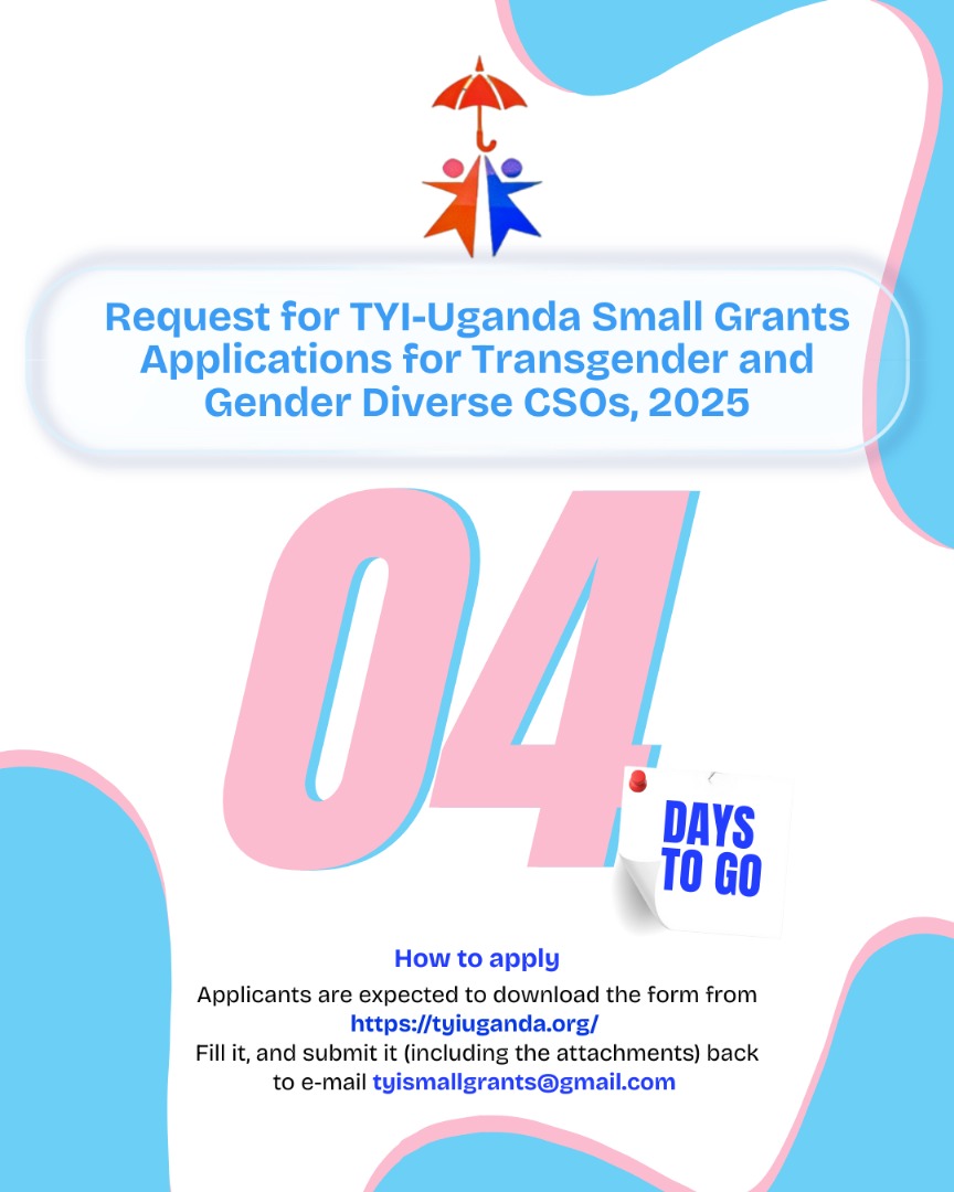 UgandaTrans's tweet image. Calling all Trans &amp;amp; Gender Diverse CSOs in Uganda!
Only 4 DAYS LEFT to apply for TYI-Uganda Small Grants 2025
Your work matters. Your voice matters. Apply today! Apply before it&apos;s too late! 🏳️‍⚧️
drive.google.com/drive/folders/… 

📩 tyismallgrants@gmail.com
#TransCommunity #Uganda #Funding