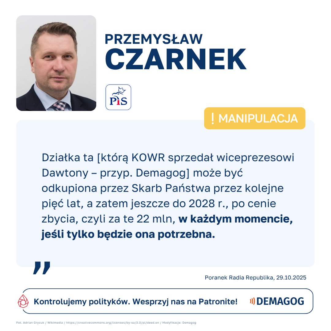🗣️ Wypowiedź <a href="/CzarnekP/">Przemysław Czarnek</a> oceniamy jako ⚠️  #manipulacja

📜 <a href="/wirtualnapolska/">Wirtualna Polska</a> nagłośniła sprawę sprzedaży 160-hektarowej działki, która 1 grudnia 2023 roku została kupiona przez wiceprezesa firmy Dawtona. Według reportażu, w tym miejscu mają powstać tory kolejowe prowadzące do