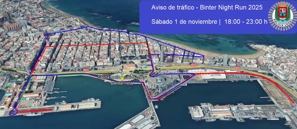 PoliciaLPA's tweet photo. 📢 Mañana sáb. 1 nov #BinterNightRun 🏃
📍 Salida/meta: Plaza de Canarias
🏁 Inicio: 19:30 h
🕓 Cortes: desde las 18:00 a 23:00 h
🚧 Algunas vías afectada: Avda. de los Consignatarios, Luis Morote, Sagasta, Olof Palme, Avda. Mesa y López, Galicia y Tomás Miller.
@BinterNightRun https://t.co/HfCfnePire