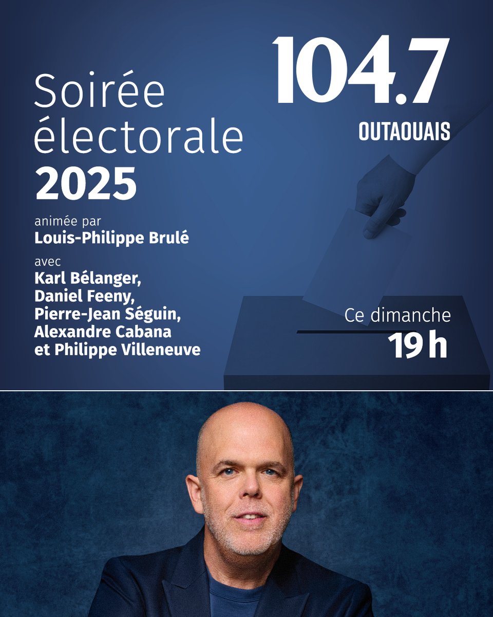 Ce dimanche, sur les ondes du <a href="/1047_FM/">104,7 Outaouais</a>, soirée électorale!  

J'y serai avec <a href="/LPBRULE/">LPBRULE</a> , <a href="/Feeny_d/">Daniel Feeny</a> et toute l'équipe.