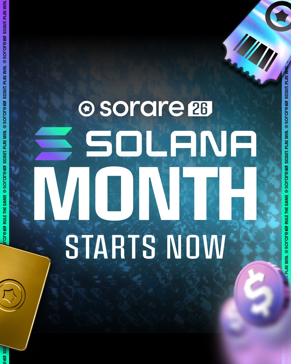 Sorare's tweet image. 🔥 Introducing Solana Month 🔥

We’re celebrating a pivotal moment in Sorare’s history with promos, new gameplay, and massive rewards: 

🎁 2M+ in prizes
🆕 Quick Play debut
🔥 5x NBA Hotstreaks
🏆 Championships for Football &amp;amp; NBA

And this is just the beginning 👀