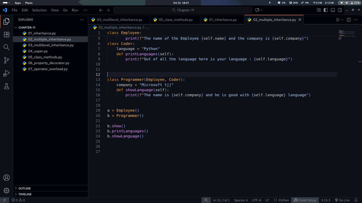 PrinceKush31873's tweet image. 🚀 Master Multiple Inheritance in #Python!
Why limit to one parent when you can learn from two? 👨‍💻
Programmer(Employee, Coder) — merging logic + creativity in one class 💥
Keep coding. Keep evolving. 🧠
#100DaysOfCode #PythonDeveloper #CodeNewbie #OOP #TechLearning #Programming