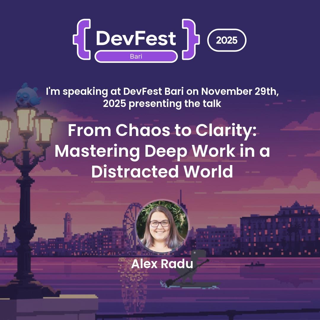 I'm delighted to be selected by <a href="/gdgbari/">GDG Bari</a> as a speaker at #DevFestBari25 to share more about how Deep Work continues to change my life and how it can bring clarity! 

Will you be there on November 29th? Tickets are completely free!

Discover more at: bari.devfest.it