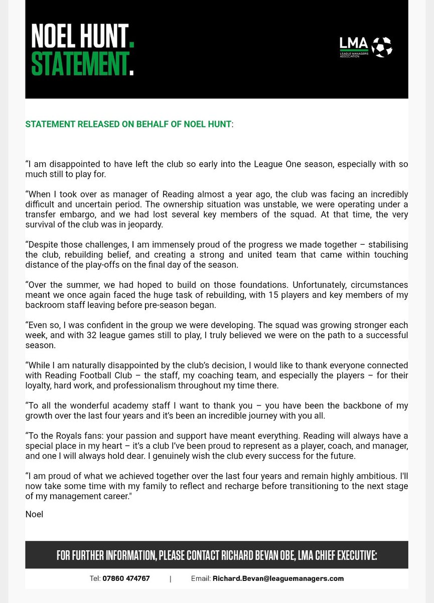 RFCLatest's tweet photo. 🫡 Noel Hunts parting statement after being relieved of his duties as #ReadingFC manager.

Wishing you nothing but the best for the future, @Noelhunt20! https://t.co/3MBDvVuYWf