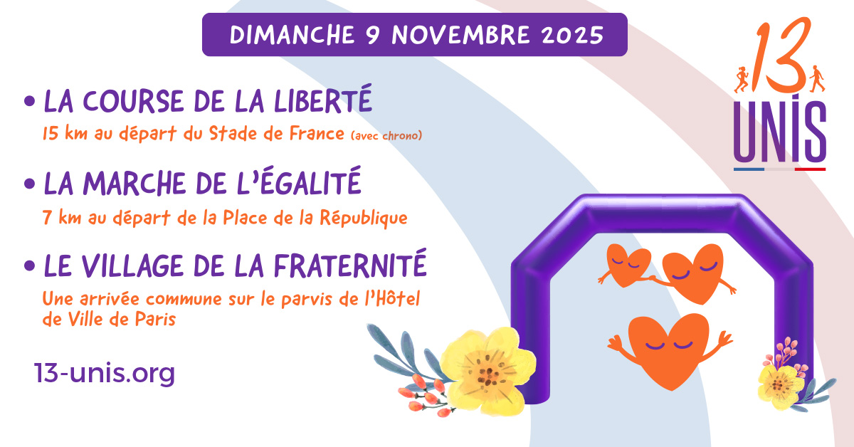 [#Institutionnel]
Le #CNOSF est fier de soutenir l'événement 13-UNIS, une marche et une course citoyennes organisées par l’<a href="/afvt_org/">AfVT</a> , le 9 novembre prochain à Paris et Saint-Denis.

🕊13-UNIS est un hommage sportif et citoyen aux victimes du 13 Novembre, dans le cadre des 10 ans