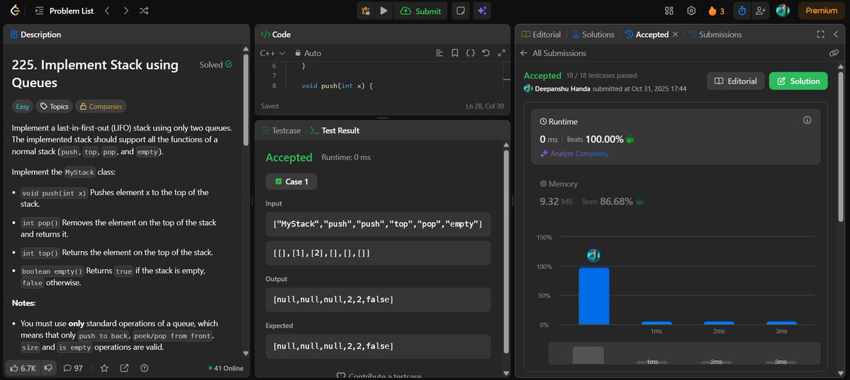 dEEPANSHU_656's tweet image. ✅Solved 2 LeetCode problems today (Striver's A2Z DSA Course):
-&gt; Implement Stack using Queues
-&gt; Implement Queue using Stacks  
Also completed 6 problems on Striver Sheet. 
#Day70ofCoding #LeetCode #DSA #CodingJourney #TUFWinterArc
@takeUforward_ @striver_79