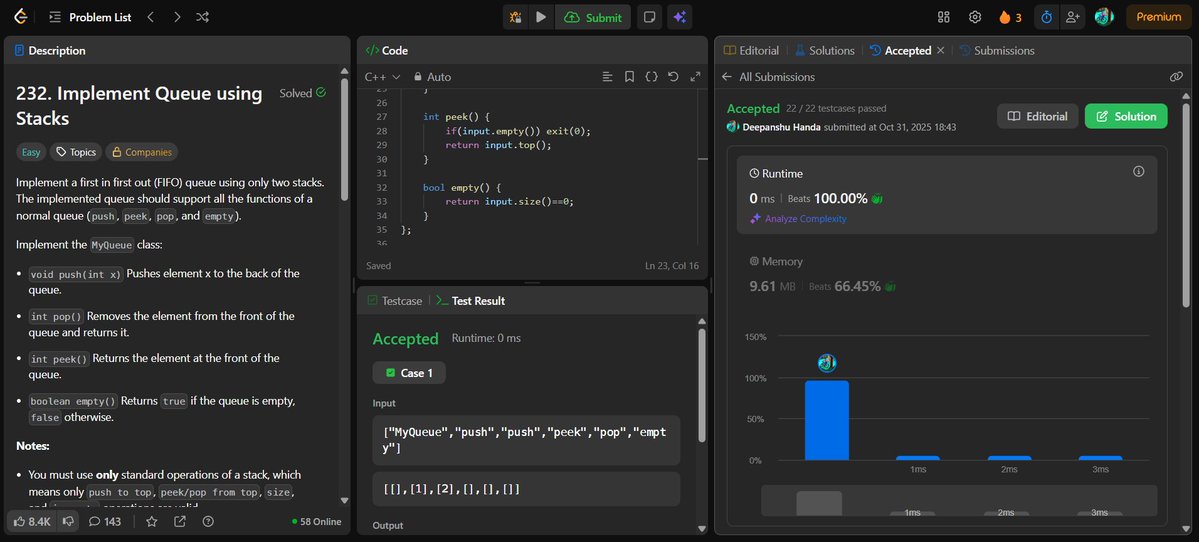 dEEPANSHU_656's tweet image. ✅Solved 2 LeetCode problems today (Striver's A2Z DSA Course):
-&gt; Implement Stack using Queues
-&gt; Implement Queue using Stacks  
Also completed 6 problems on Striver Sheet. 
#Day70ofCoding #LeetCode #DSA #CodingJourney #TUFWinterArc
@takeUforward_ @striver_79