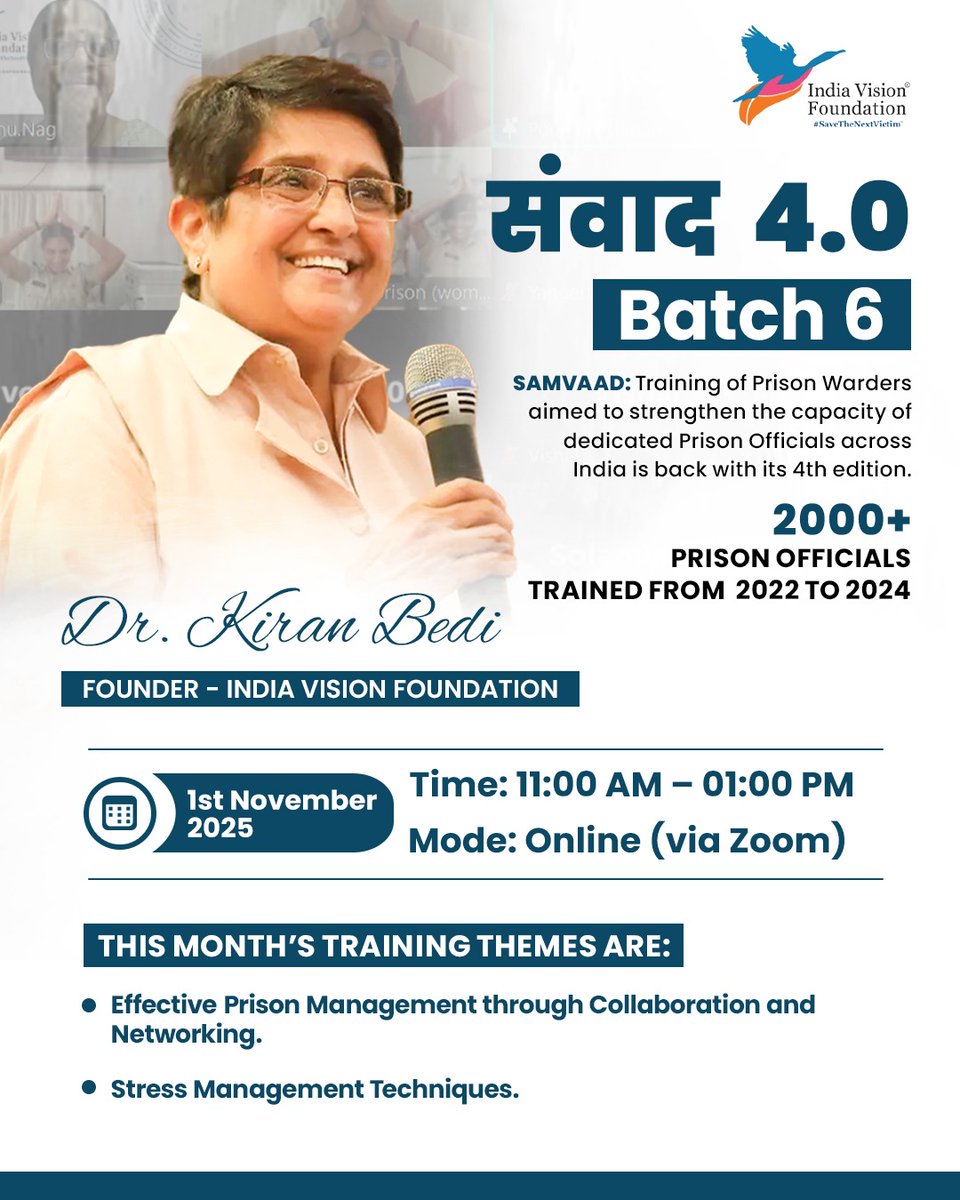 ✨ SAMVAAD 4.0 – Batch 6 is here! ✨
Training 1800+ prison officials across India to build strength, resilience, and compassion. 💪
This November, we focus on:
👉 Effective prison management through collaboration and networking.
👉 Stress Management techniques.