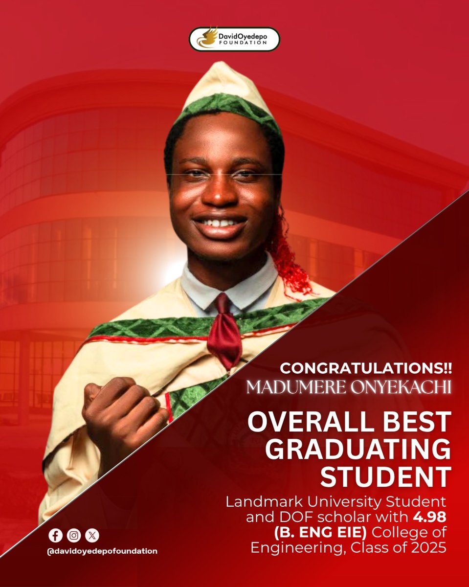 Congratulations to the Overall Best Graduating Scholar of Landmark University from all of us at the David Oyedepo Foundation! Your exceptional performance stands as a testament to hard work, divine enablement, and the pursuit of excellence.