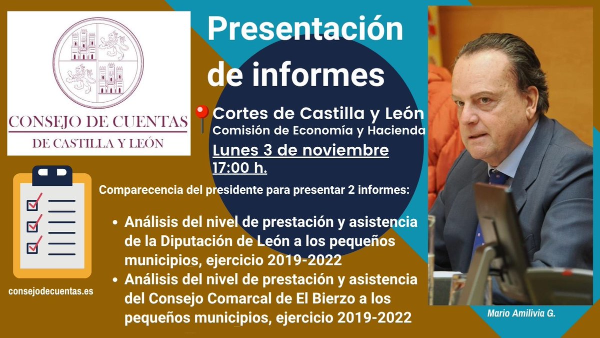 El Consejo de Cuentas expone el lunes en las <a href="/Cortes_CYL/">Cortes de Castilla y León</a>  dos informes sobre el nivel de asistencia a los pequeños municipios en la provincia de León <a href="/diputacionleon/">Diputación De León</a> <a href="/CCBierzo/">Consejo Comarcal del Bierzo</a> 👇