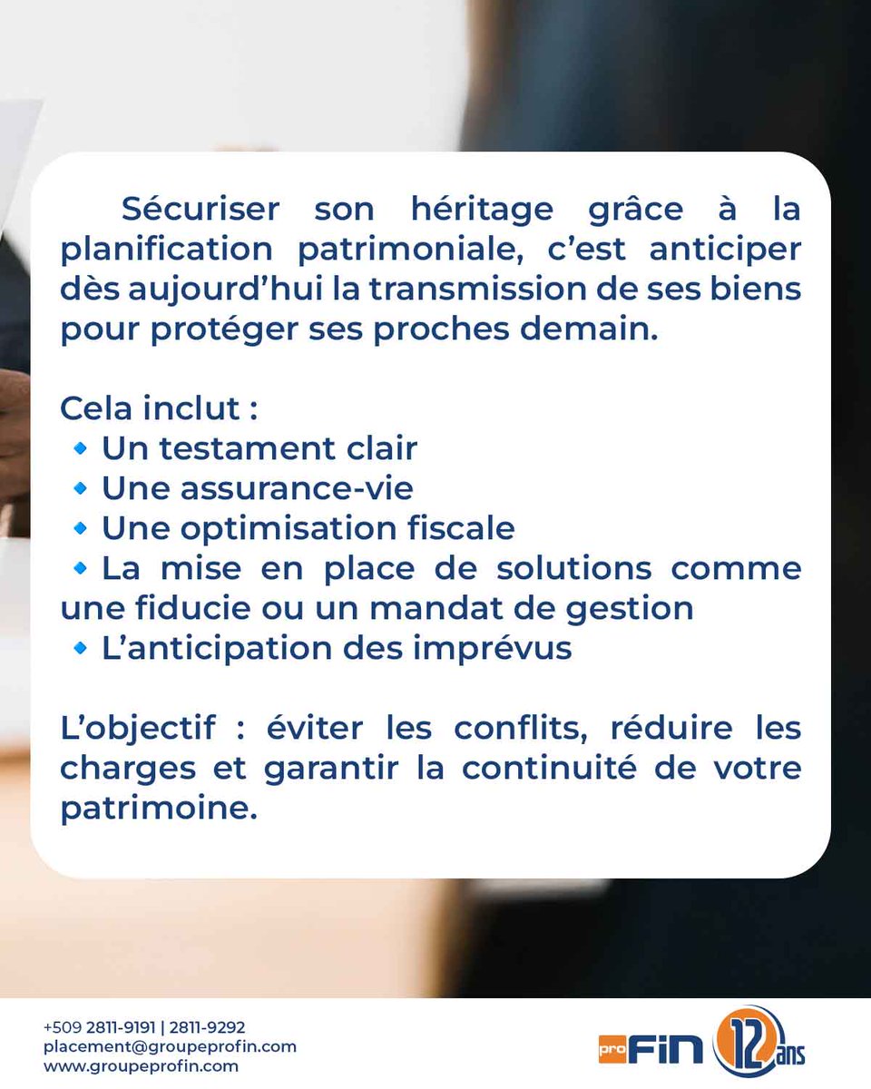 GroupeProFin's tweet image. Planifiez dès aujourd’hui la transmission de vos biens pour garantir sécurité et sérénité à vos proches. 

#GroupeProFin #YonLòtJan #LaFinanceAutrement