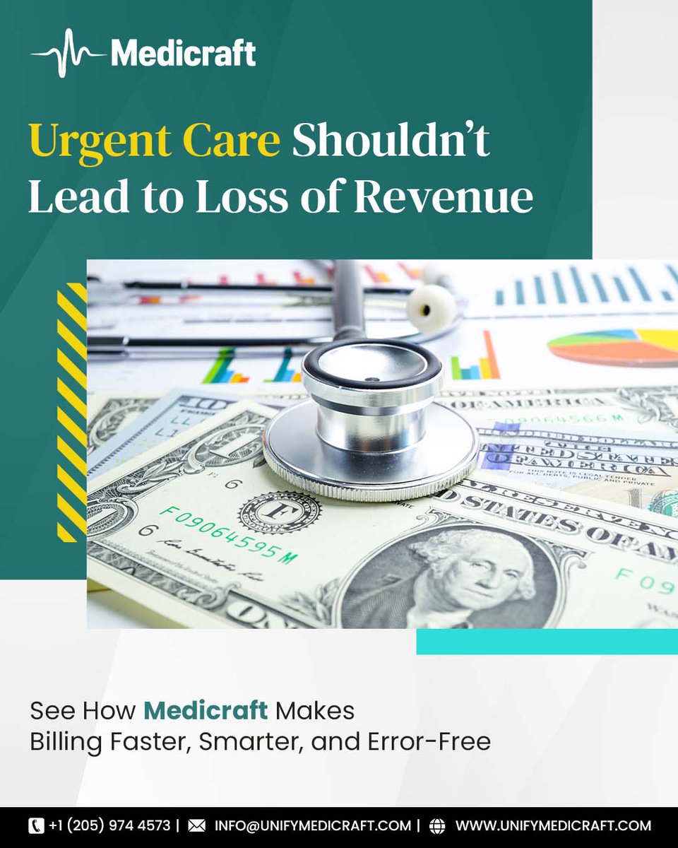 Unifymedicraft's tweet image. Medicraft is designed to handle fast-paced, walk-in care, multiple services in one encounter, urgent-care-specific coding, diverse payers, and employer contracts — making it essential for maximizing reimbursement and reducing errors in this specialty.

#RevenueCycleOptimization