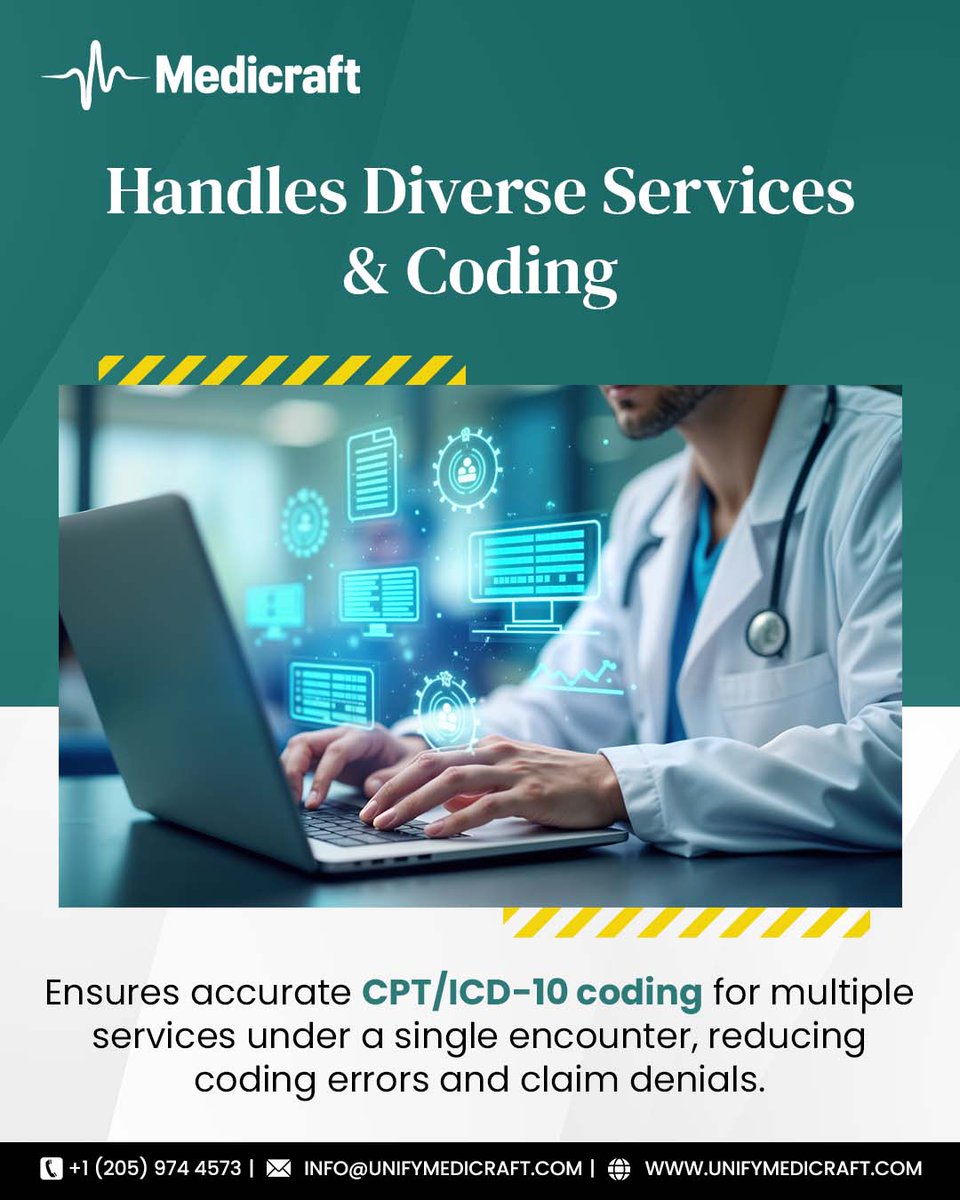 Unifymedicraft's tweet image. Medicraft is designed to handle fast-paced, walk-in care, multiple services in one encounter, urgent-care-specific coding, diverse payers, and employer contracts — making it essential for maximizing reimbursement and reducing errors in this specialty.

#RevenueCycleOptimization