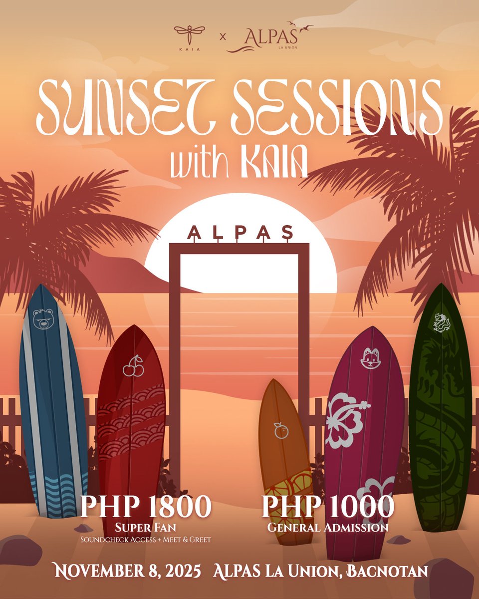 [KAIA Events]

The sun is setting, the waves are calling. 🌅🌊

Spend the golden hour at ALPAS Sunset Sessions with KAIA on November 8, 2025 at ALPAS La Union, Bacnotan, La Union! ☀️

Contact 0955 032 7701 or visit ALPAS La Union’s Facebook page for more details 🎟️

Surprise