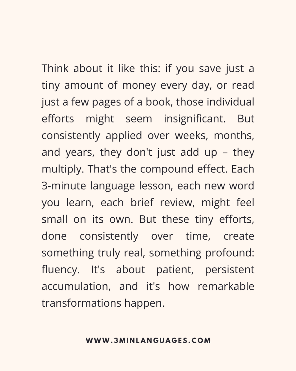 3MLanguages's tweet image. Tiny efforts compound.
 Daily minutes → massive results.
 👉 Build compound wins: 3minlanguages.com

#3MinuteLanguages #StudyIn3 #LanguageLearning #MicroLearning #Consistency #LearnFrench #LearnSpanish #LearnGerman #LearnItalian #LearnPortuguese