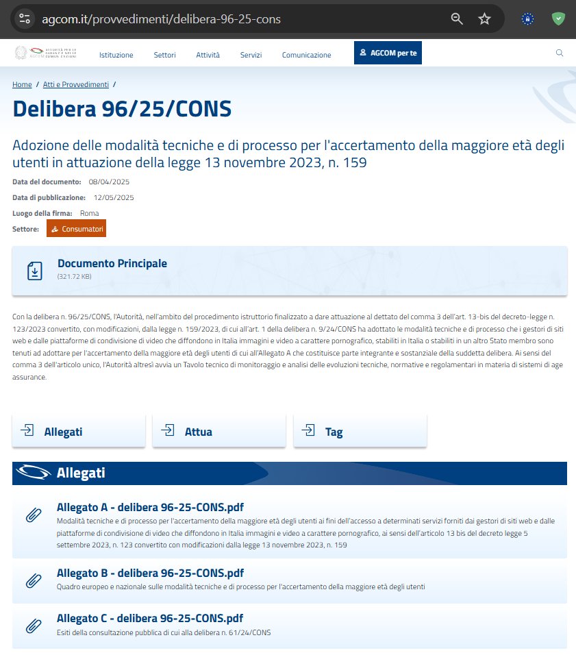 relationsatwork's tweet image. PUB oggi da @AGCOMunica una prima lista di 46 siti VM18, che verranno monitorati dal 12NOV per conformità dei loro sistemi di verifica d&apos;età con i requisiti minimi (non solo doppio-anonimato) ex art.3 regole operative 96/25/CONS.

agcom.it/sites/default/…

agcom.it/provvedimenti/…