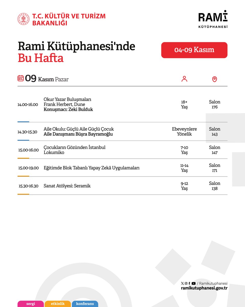 Rami Kütüphanesi'nde her hafta yeni deneyimler seni bekliyor! ✨

İlham veren söyleşiler, keyifli atölyeler, bilgi dolu etkinliklerle Rami’de buluşuyoruz! 🎨📚 Her yaşa hitap eden bu deneyimlerde birlikte keşfediyor, birlikte gelişiyoruz.

4–9 Kasım tarihleri arasındaki