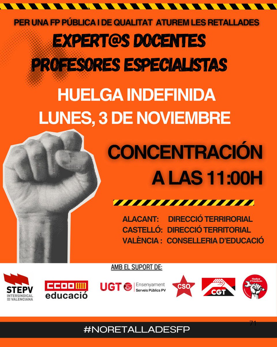 Un any més, comencem el curs sense garanties ni recursos. Barracons, falta de profes i retallades al valencià: l’abandonament del sistema públic és insostenible.

📢 Este dilluns, 11h: totes i tots al carrer!
Donem suport a la vaga del professorat i defensem l'educació pública.