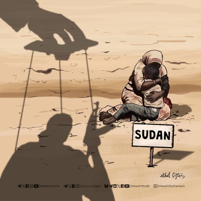 Cartoon illustration in beige tones depicting a large dark shadow of a puppeteer figure looming over a distressed woman in a headscarf embracing a small child on sandy ground with a sign reading SUDAN in bold letters, signed by artist Mikail Carson with social media handles visible at the bottom.