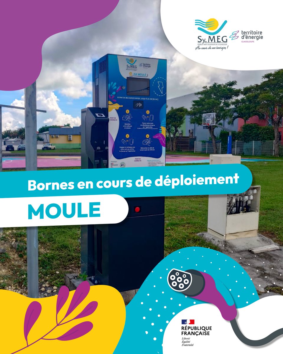 #BornesDeRecharge | 🚙⚡️ 9 bornes sont en cours de déploiement au Moule : 
・Centre Culturel R. Loyson
・Château Gaillard
・École de Cocoyer
・École maternelle Laura Flessel
・École primaire A. Debibakas
・Gare routière
・Mairie
・Rue John Fitzgerald Kennedy
・Zac de Damencourt