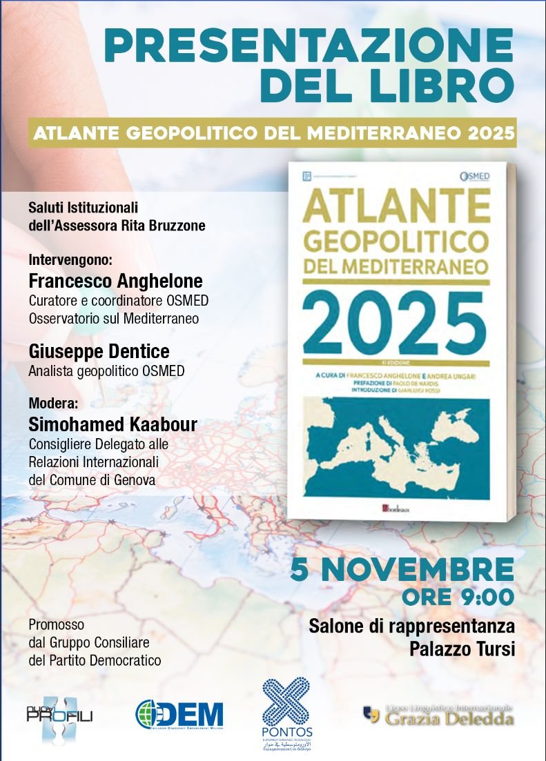 Il 5 novembre, presso Palazzo Tursi a Genova, presenteremo l'edizione 2025 dell'Atlante Geopolitico del Mediterraneo, realizzato dall'<a href="/ISPioV_/">ISPIOV Istituto di Studi Politici "S. Pio V"</a> con il contributo degli analisti <a href="/osmed_it/">Osmed</a>. Un'occasione importante per discutere di scenari e prospettive sul futuro del mare nostrum