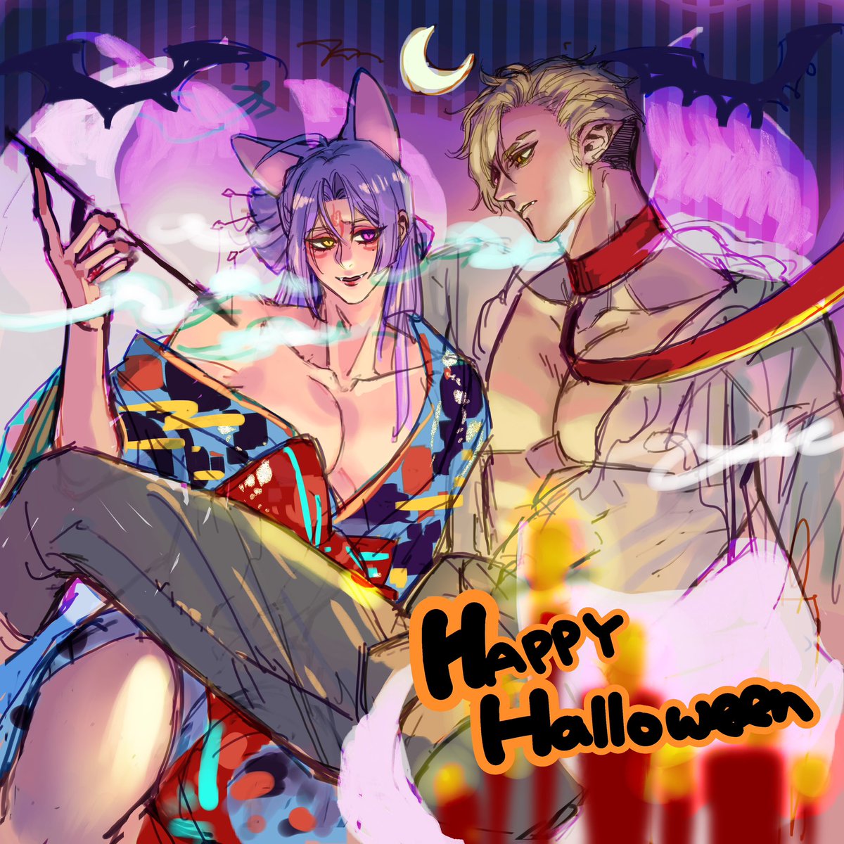 當初畫月曆的時候其實打算畫萬聖節主題
但其他繪師通通都挑選了花花或者季節性的方向
所以這張就留在草稿階段了😳
其實還是蠻色的但應該不會往下畫了（欸

是吸血公爵崑x九尾花魁玖
嘿對這是去年10月就畫的稿子