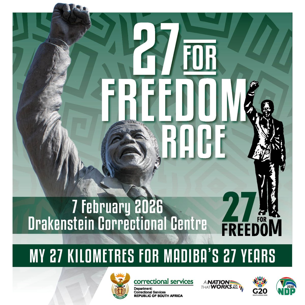 GovernmentZA's tweet image. 🏃♂️ Entries Now Open!
Be part of history — join the 27 For Freedom Run on 7 February 2026 at Drakenstein Correctional Centre.
Enter online 👉 zurl.co/LQc7z

Entries close midnight, 28 January 2026.
#27ForFreedom ✊ #govzaupdates #RunForFreedom