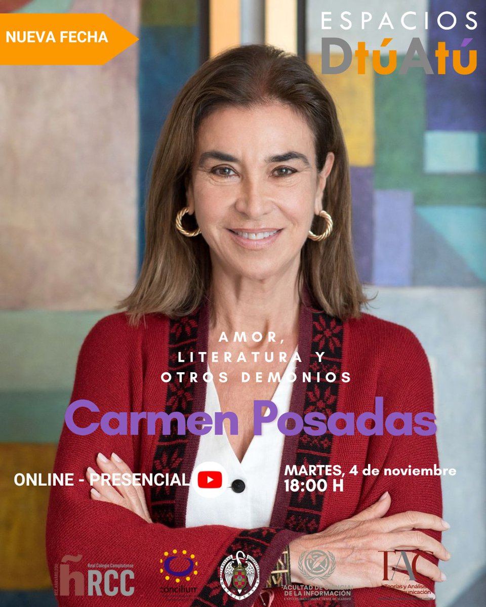 ✨Carmen Posadas — “Amor, literatura y otros demonios”✨

🔴Reprogramamos la cita para que nadie se quede fuera.

🗓 Martes, 4 de noviembre ⏰ 18:00 h (Madrid)
📍  <a href="/unicomplutense/">Complutense</a>  <a href="/BarrientosAlmu/">Almudena Barrientos-Báez</a>  
👉  youtube.com/live/Dk3r70YxE…

#EspaciosDtuAtu #CarmenPosadas #Literatura #Cultura