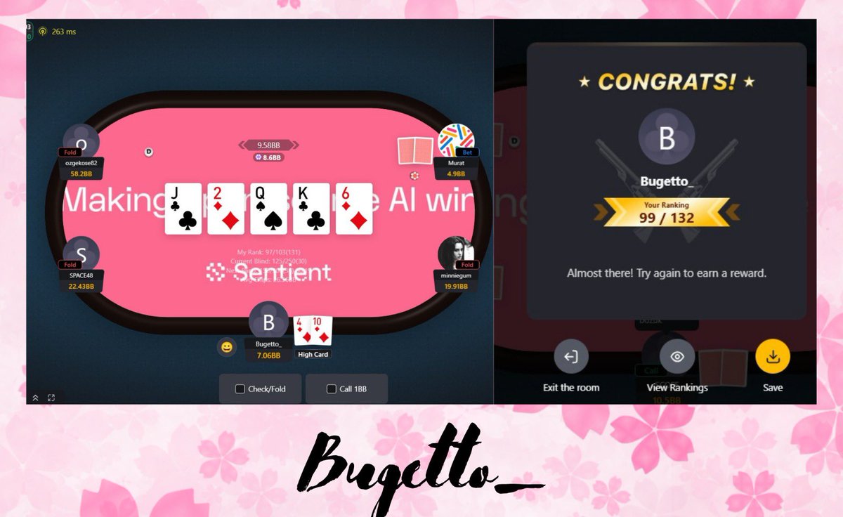 Bugetto_'s tweet image. Güzel bir poker oyunu oynadım ama biraz şansızdım 😊 @0xMaje @scalpkripto @SentientTurkiye @SentientAGI